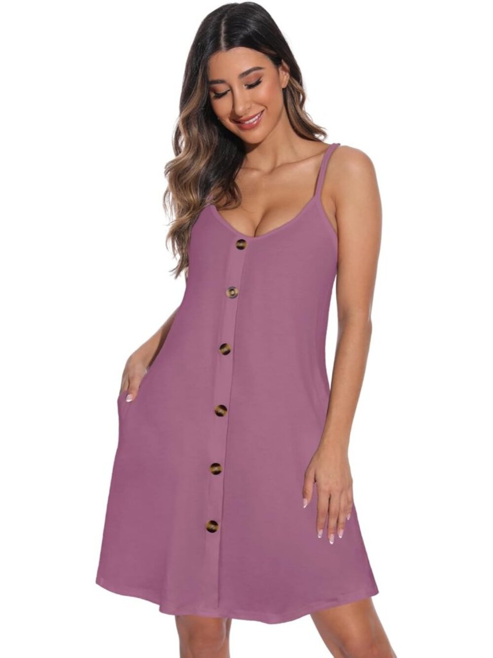 Women's Purple Summer Dresses Spaghetti Strap Button Down V Neck Sundress Beach - Picture 5 of 7